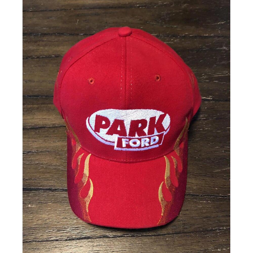Vintage Nissin Park Ford Racing Red Flames Fire Hat Cap Adjustable Nascar